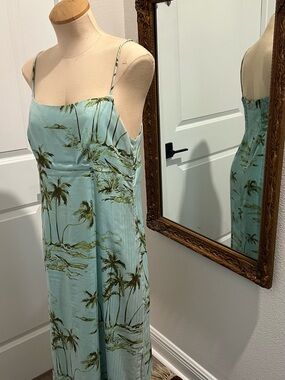KAHALA Silk Hawaiian Print Spaghetti Strap Dress in Seafoam
